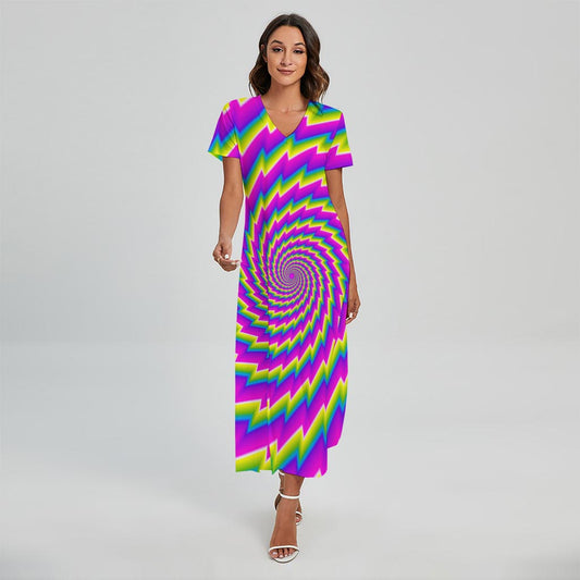 Abstract Twisted Moving Optical Illusion Short Sleeve Maxi Dress