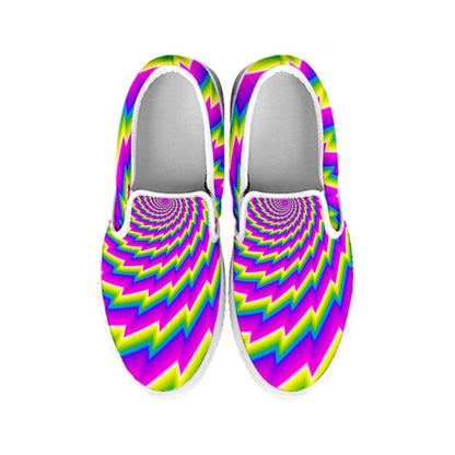 Abstract Twisted Moving Optical Illusion White Slip On Sneakers