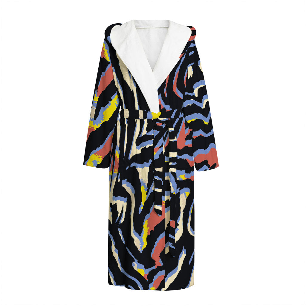 Abstract Zebra Pattern Print Hooded Bathrobe