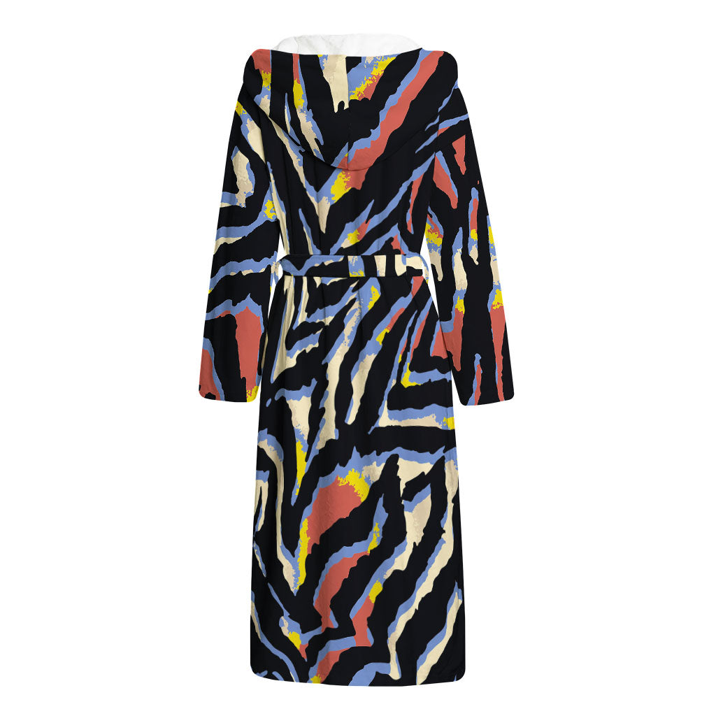 Abstract Zebra Pattern Print Hooded Bathrobe