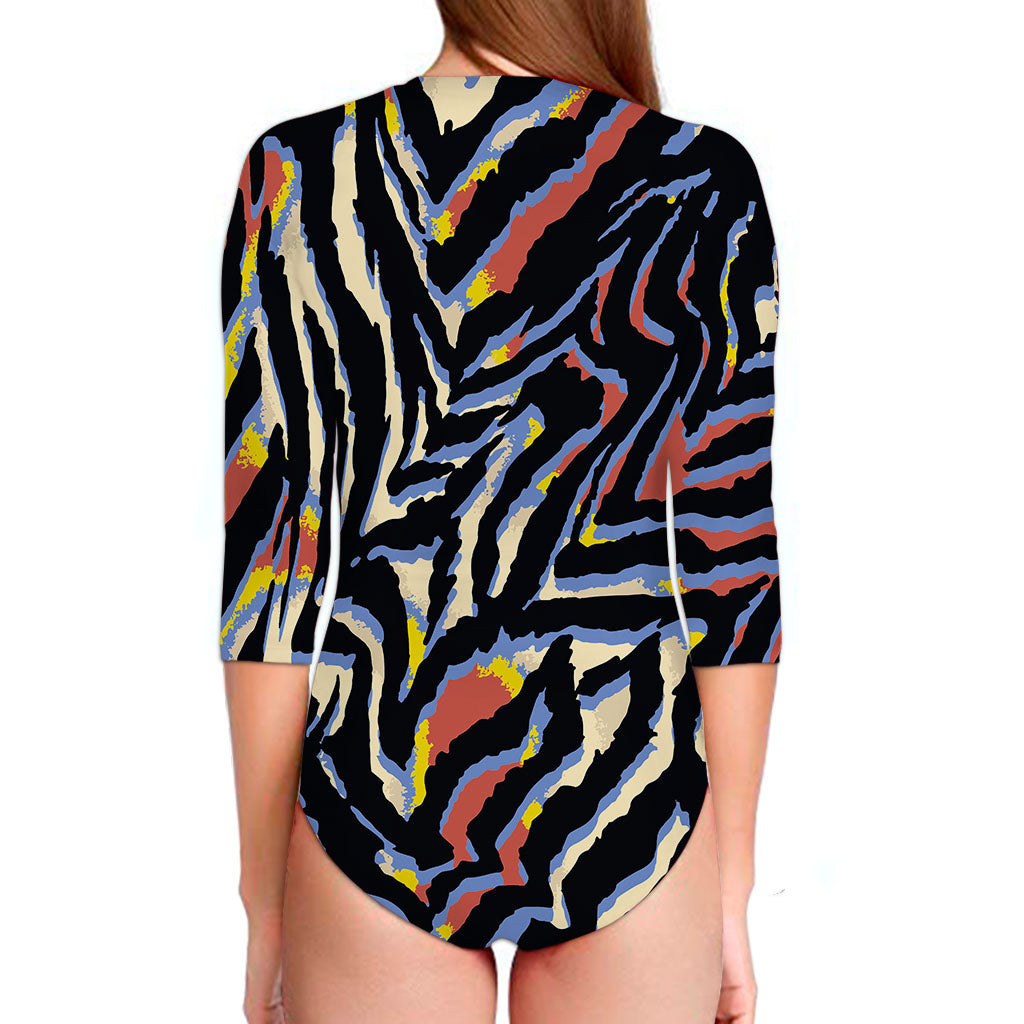 Abstract Zebra Pattern Print Long Sleeve Swimsuit
