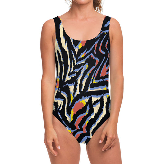Abstract Zebra Pattern Print One Piece Swimsuit