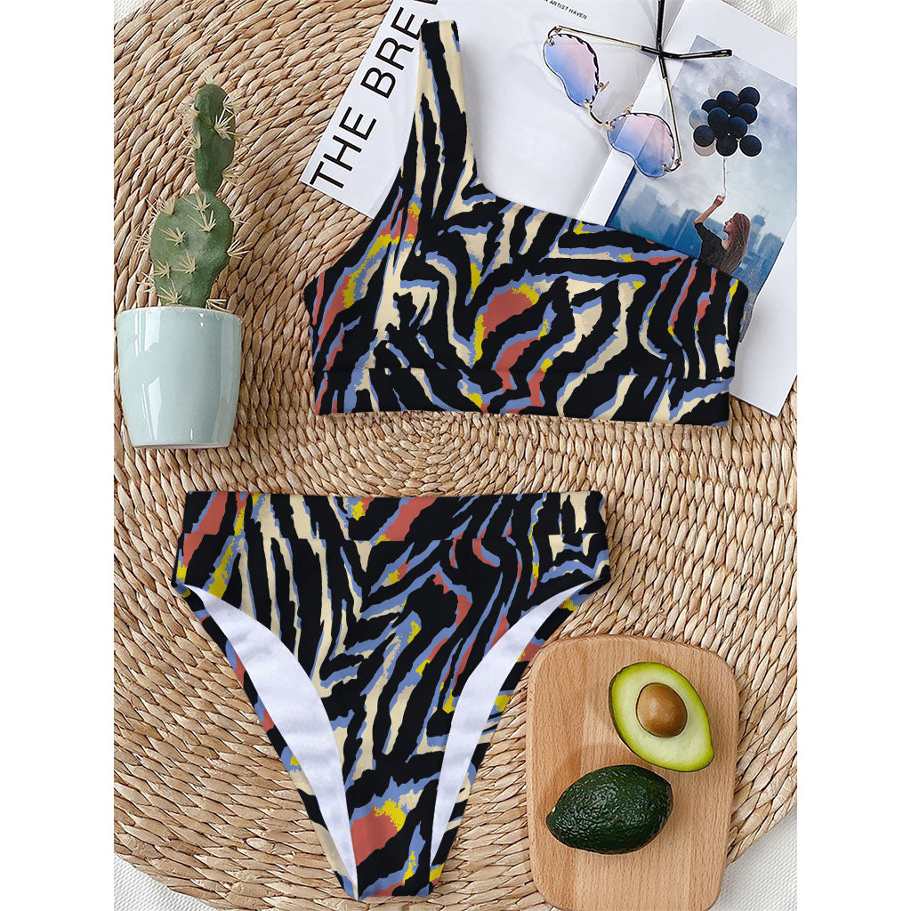 Abstract Zebra Pattern Print One Shoulder Bikini Top