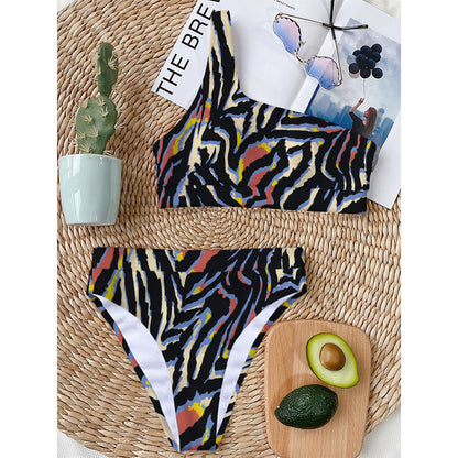 Abstract Zebra Pattern Print One Shoulder Bikini Top