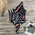 Abstract Zebra Pattern Print One Shoulder Bodysuit