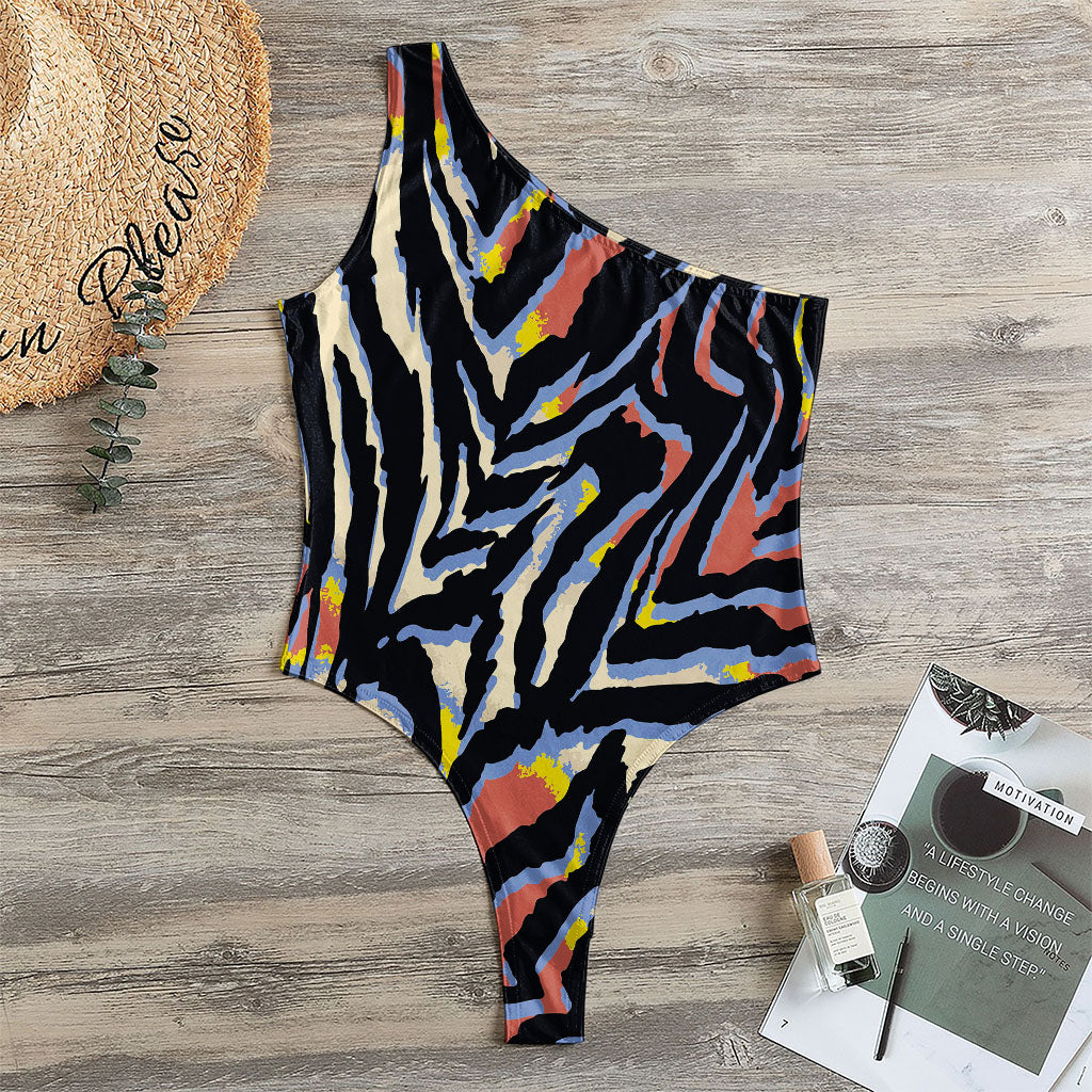 Abstract Zebra Pattern Print One Shoulder Bodysuit