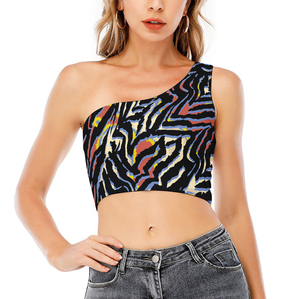 Abstract Zebra Pattern Print One Shoulder Crop Top