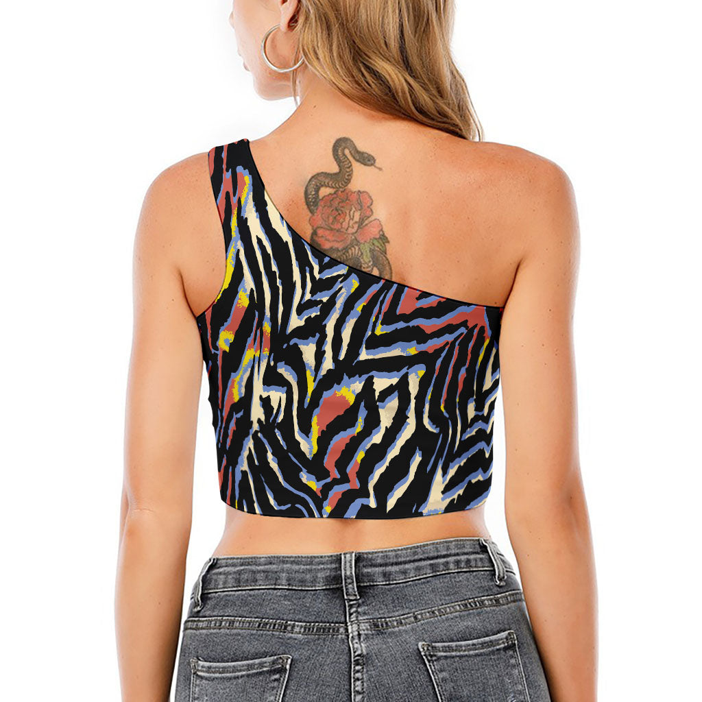 Abstract Zebra Pattern Print One Shoulder Crop Top