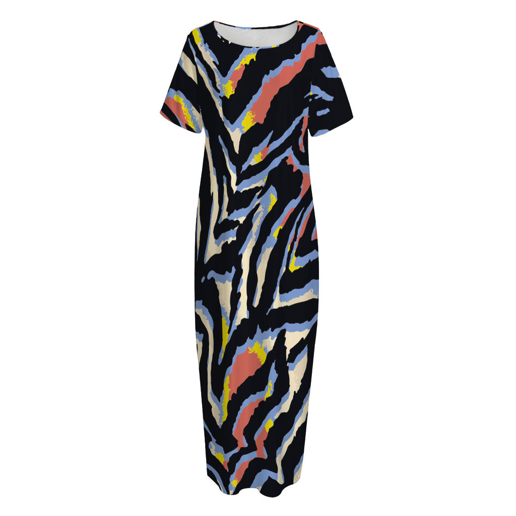 Abstract Zebra Pattern Print Short Sleeve Long Nightdress
