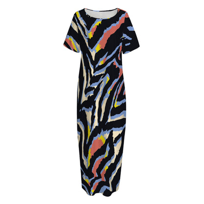 Abstract Zebra Pattern Print Short Sleeve Long Nightdress