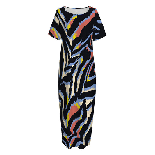 Abstract Zebra Pattern Print Short Sleeve Long Nightdress