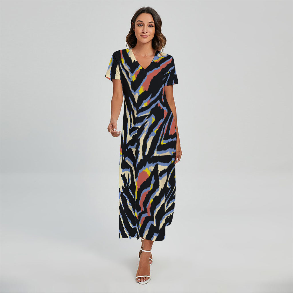 Abstract Zebra Pattern Print Short Sleeve Maxi Dress