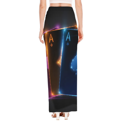 Ace Cards Print High Slit Maxi Skirt