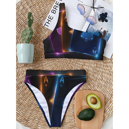 Ace Cards Print One Shoulder Bikini Top
