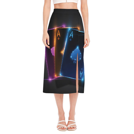Ace Cards Print Side Slit Midi Skirt