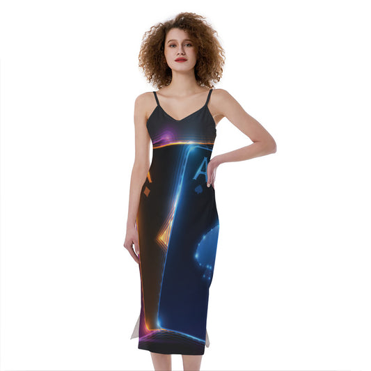 Ace Cards Print Slim Fit Midi Cami Dress