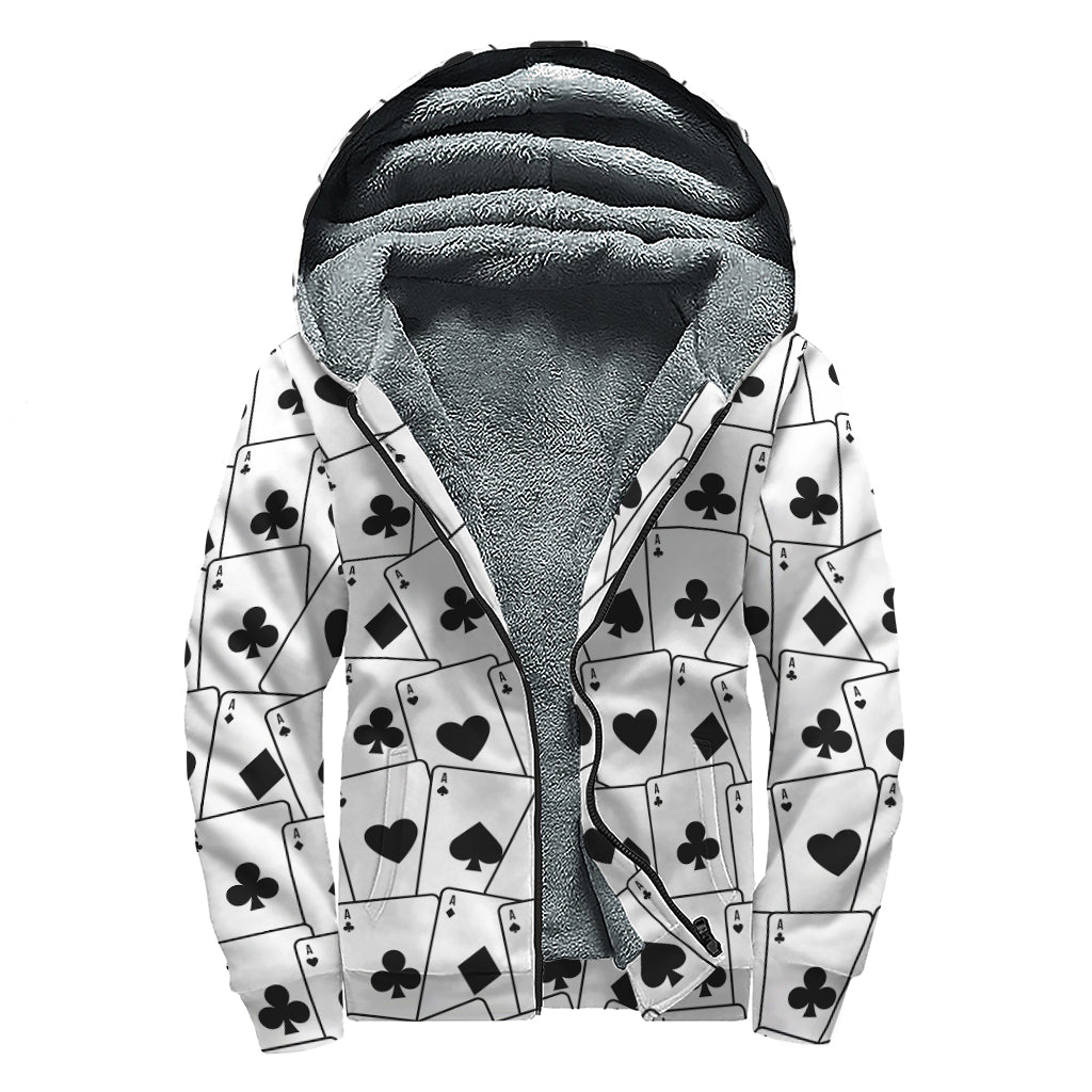 Ace Playing Cards Pattern Print Sherpa Lined Zip Up Hoodie