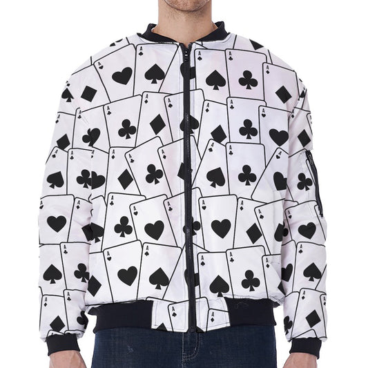 Ace Playing Cards Pattern Print Zip Sleeve Bomber Jacket