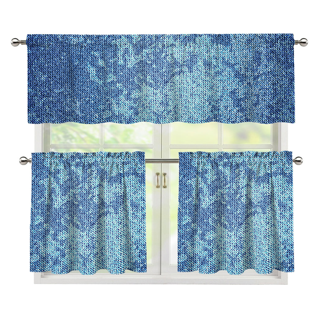 Acid Wash Denim Jeans Pattern Print 3 Piece Kitchen Curtains
