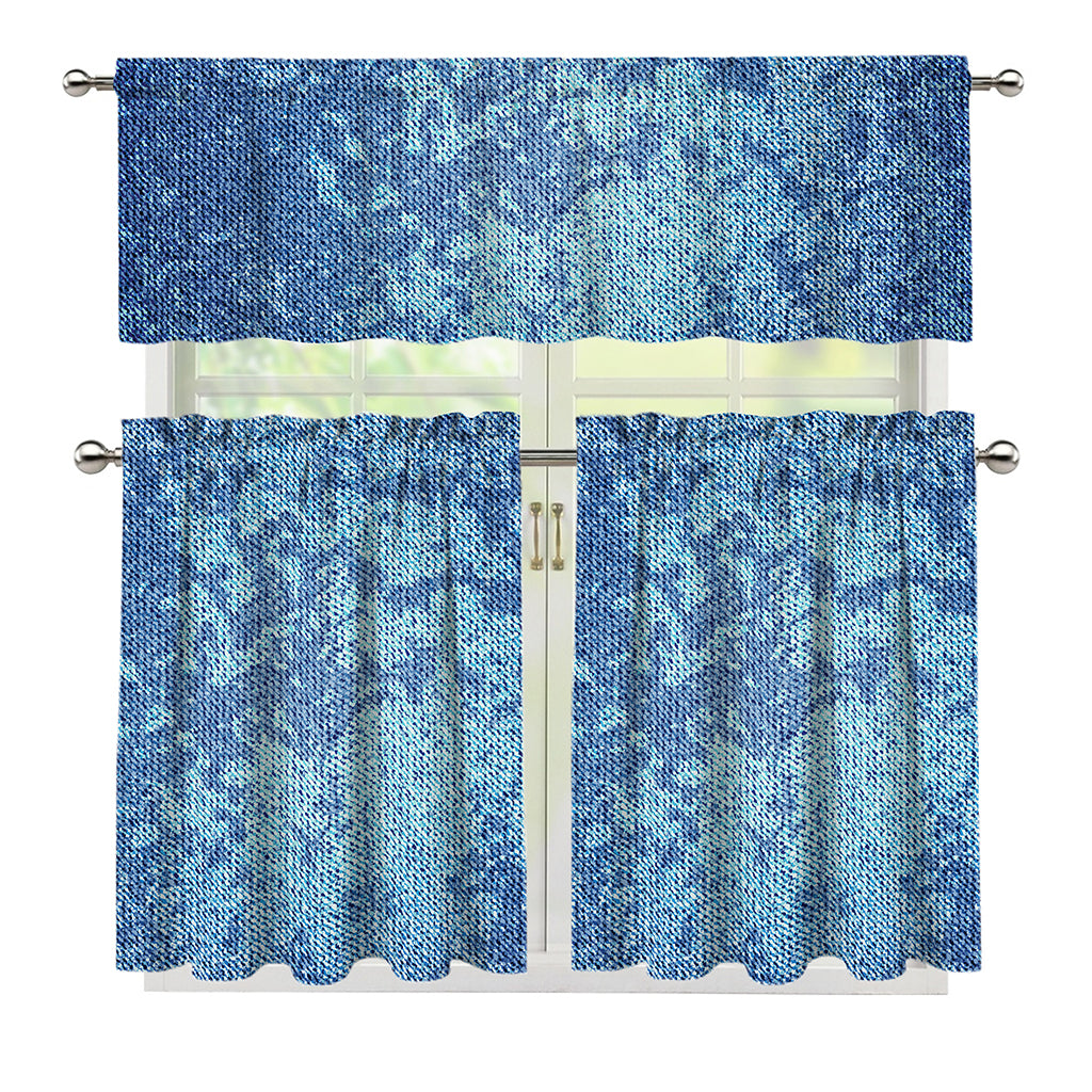 Acid Wash Denim Jeans Pattern Print 3 Piece Kitchen Curtains