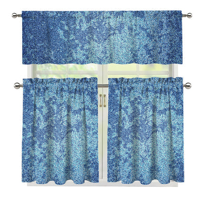 Acid Wash Denim Jeans Pattern Print 3 Piece Kitchen Curtains