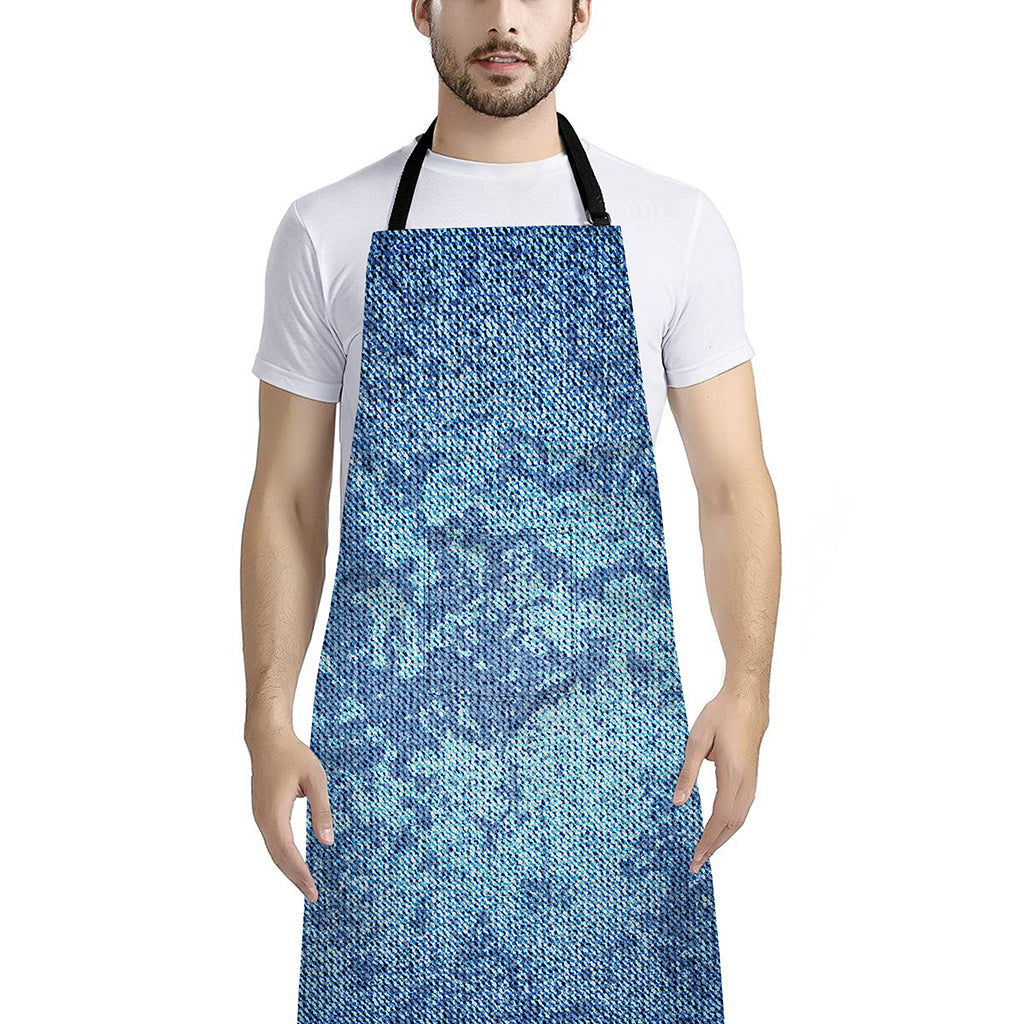 Acid Wash Denim Jeans Pattern Print Bib Apron With Pocket