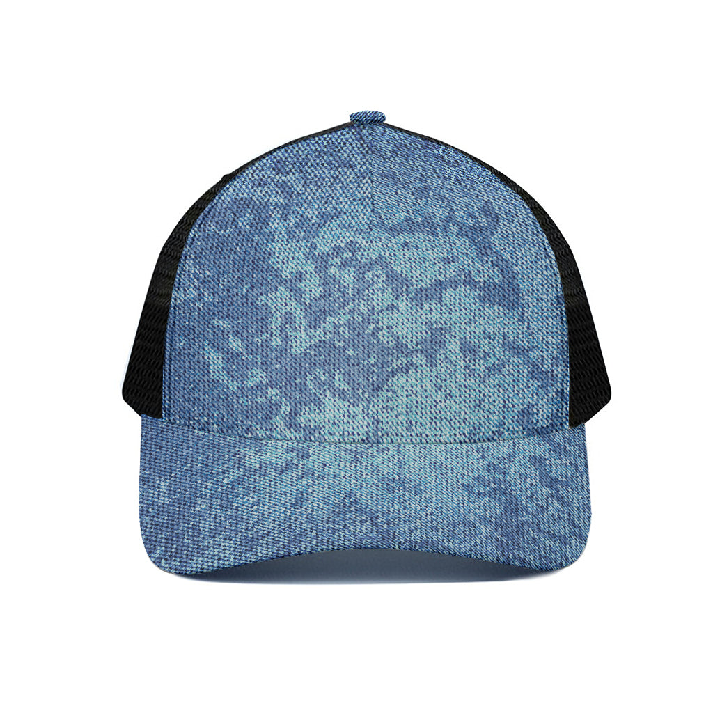 Acid Wash Denim Jeans Pattern Print Black Mesh Trucker Cap