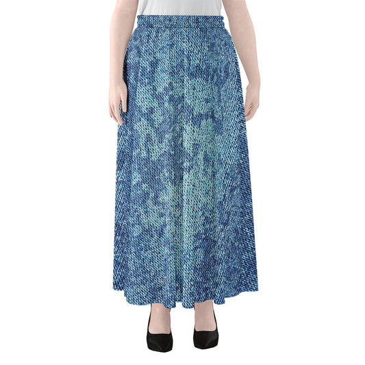 Acid Wash Denim Jeans Pattern Print Chiffon Maxi Skirt