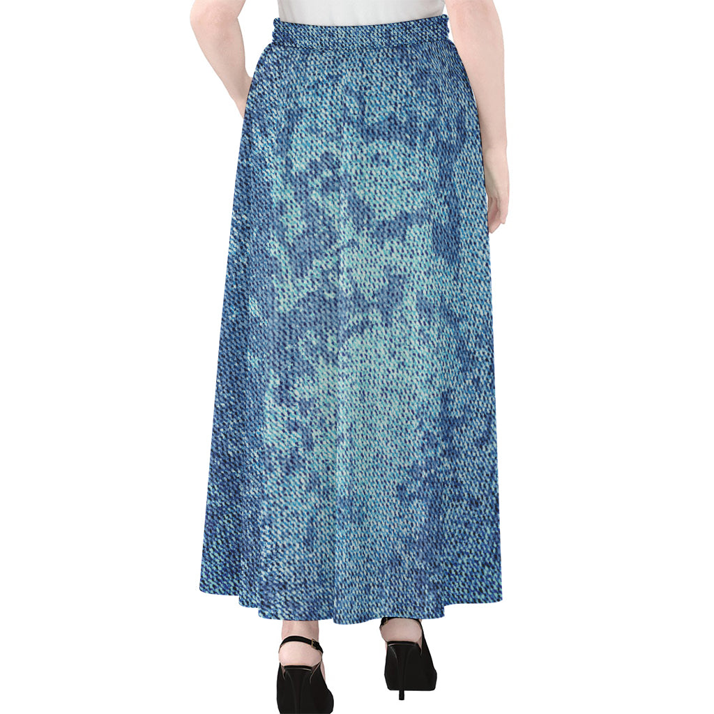 Acid Wash Denim Jeans Pattern Print Chiffon Maxi Skirt