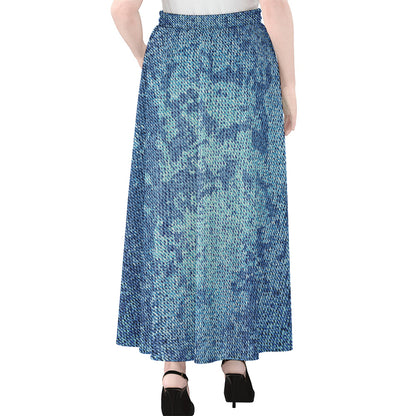 Acid Wash Denim Jeans Pattern Print Chiffon Maxi Skirt