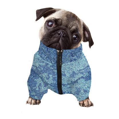 Acid Wash Denim Jeans Pattern Print Dog Zip Up Jacket