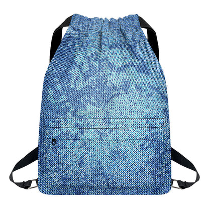 Acid Wash Denim Jeans Pattern Print Drawstring Backpack