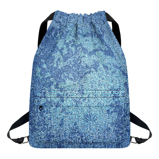 Acid Wash Denim Jeans Pattern Print Drawstring Backpack