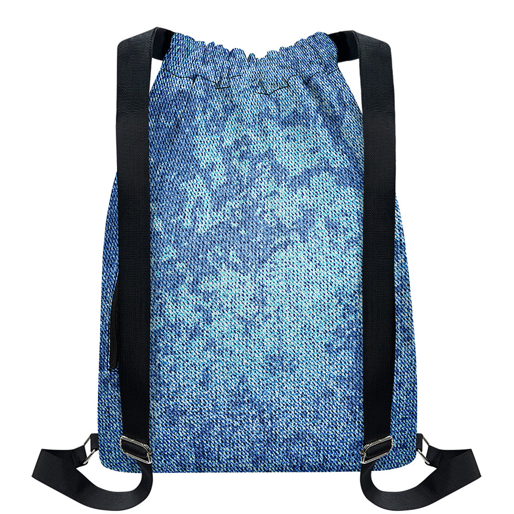Acid Wash Denim Jeans Pattern Print Drawstring Backpack