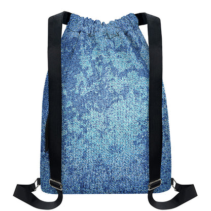 Acid Wash Denim Jeans Pattern Print Drawstring Backpack
