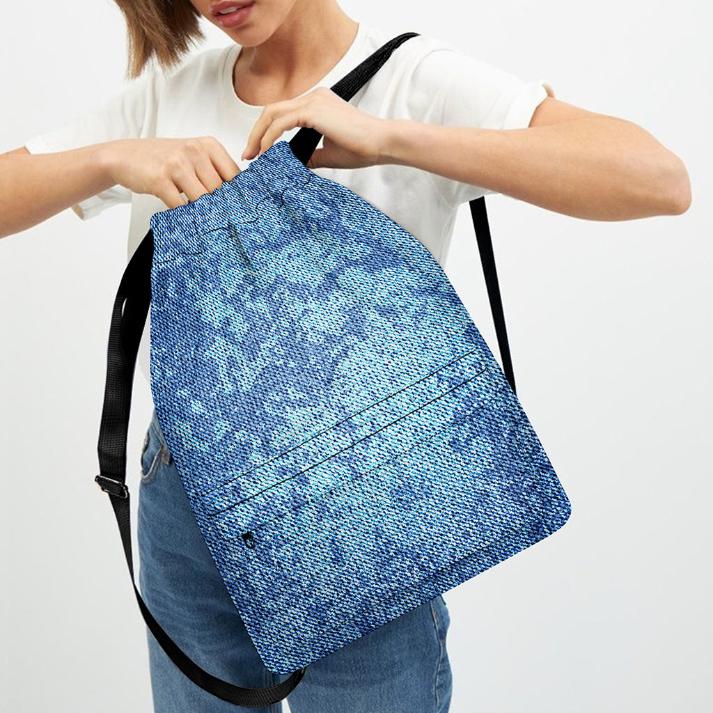 Acid Wash Denim Jeans Pattern Print Drawstring Backpack