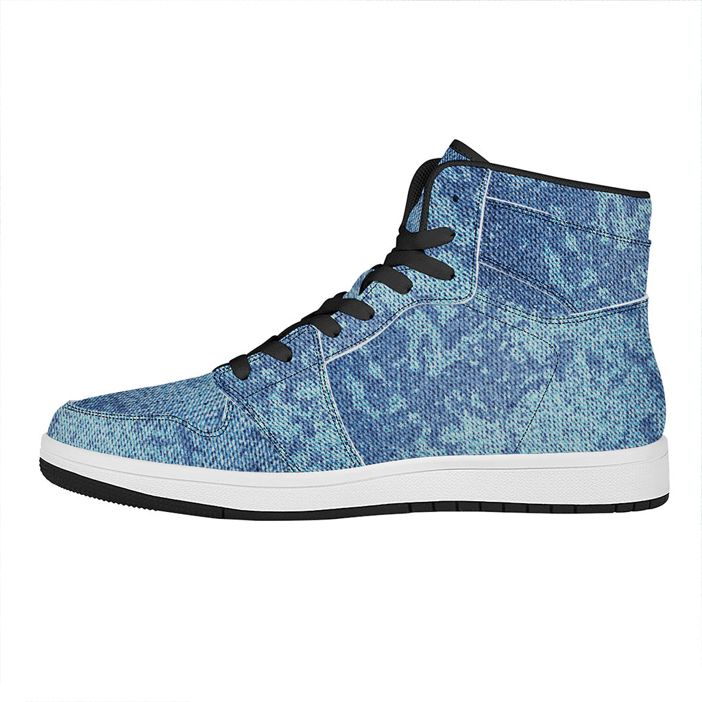 Acid Wash Denim Jeans Pattern Print High Top Leather Sneakers