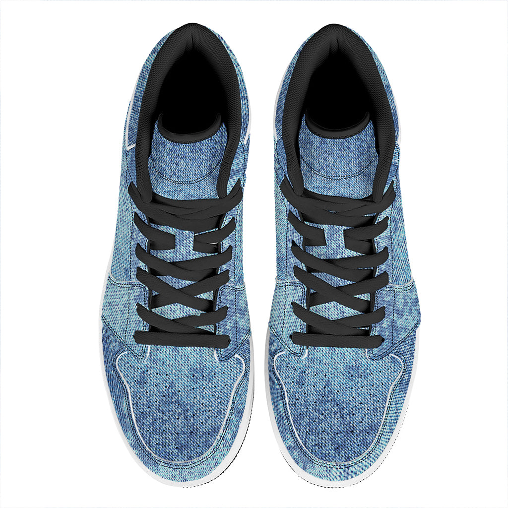 Acid Wash Denim Jeans Pattern Print High Top Leather Sneakers