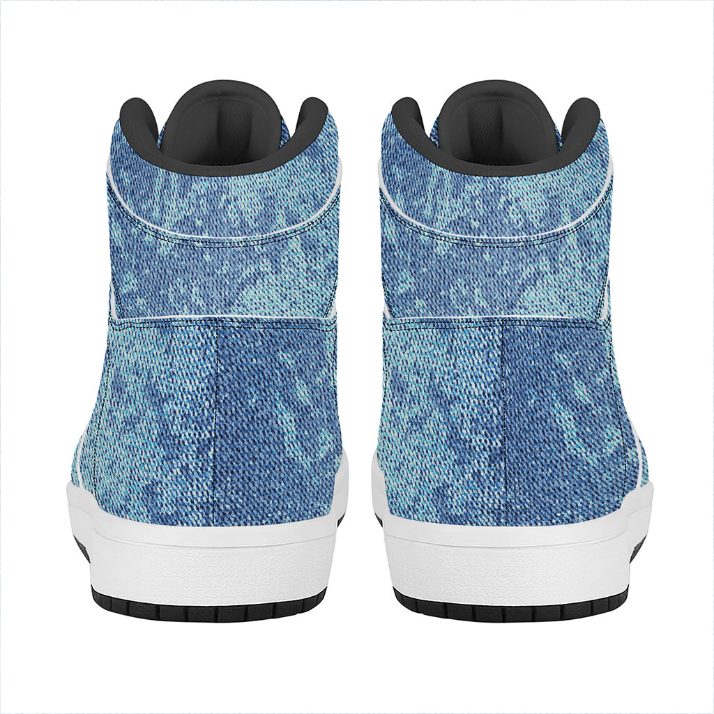 Acid Wash Denim Jeans Pattern Print High Top Leather Sneakers