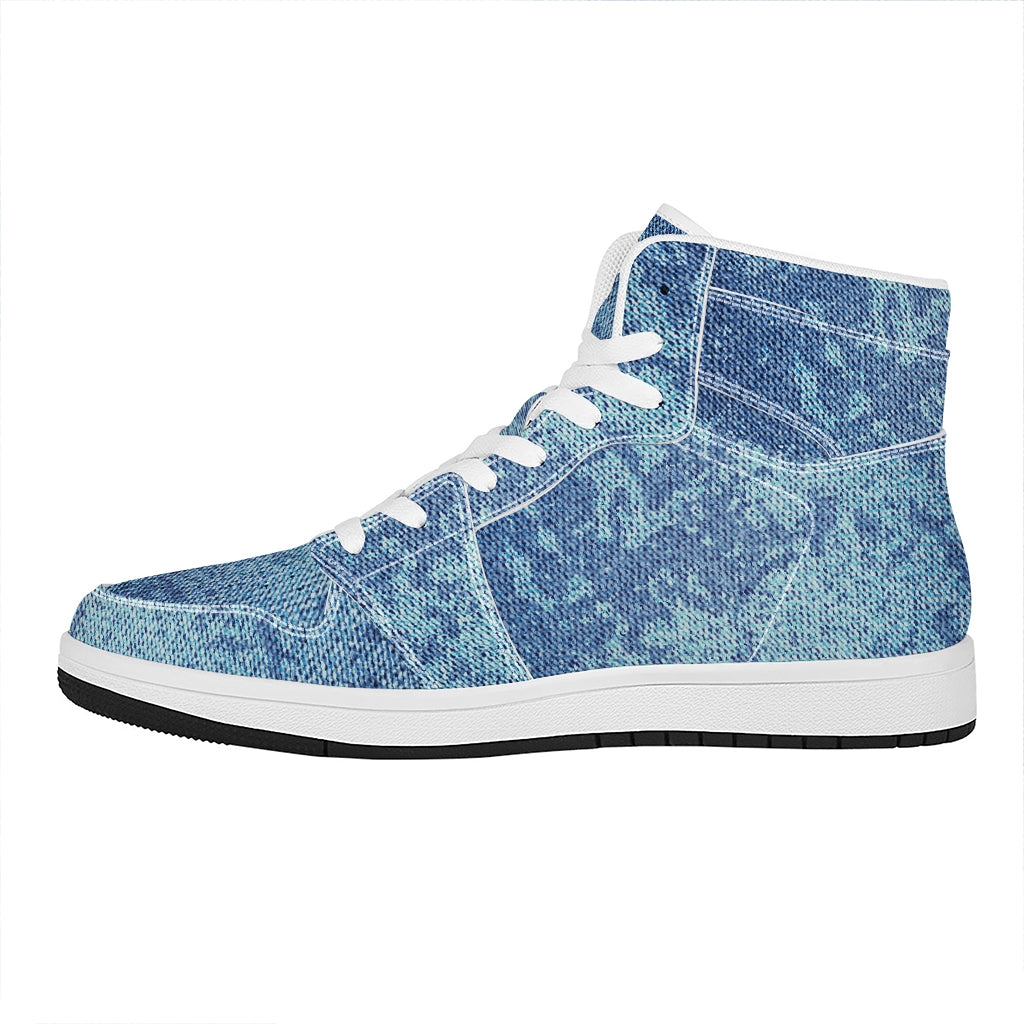 Acid Wash Denim Jeans Pattern Print High Top Leather Sneakers