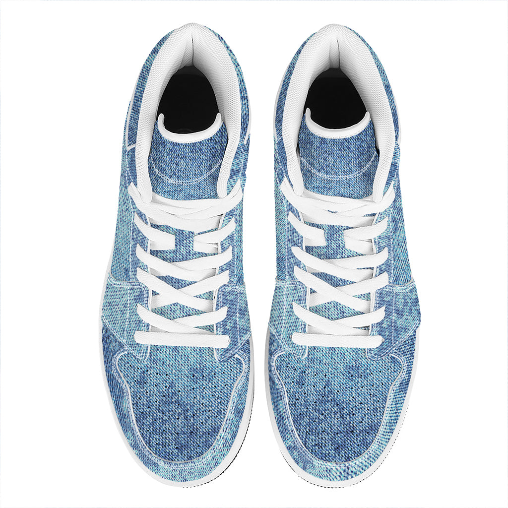 Acid Wash Denim Jeans Pattern Print High Top Leather Sneakers
