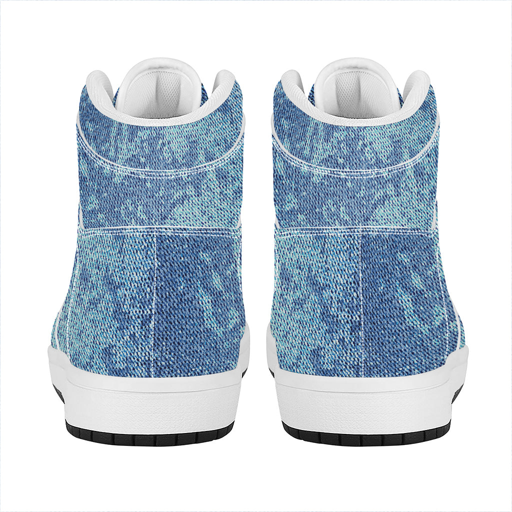 Acid Wash Denim Jeans Pattern Print High Top Leather Sneakers