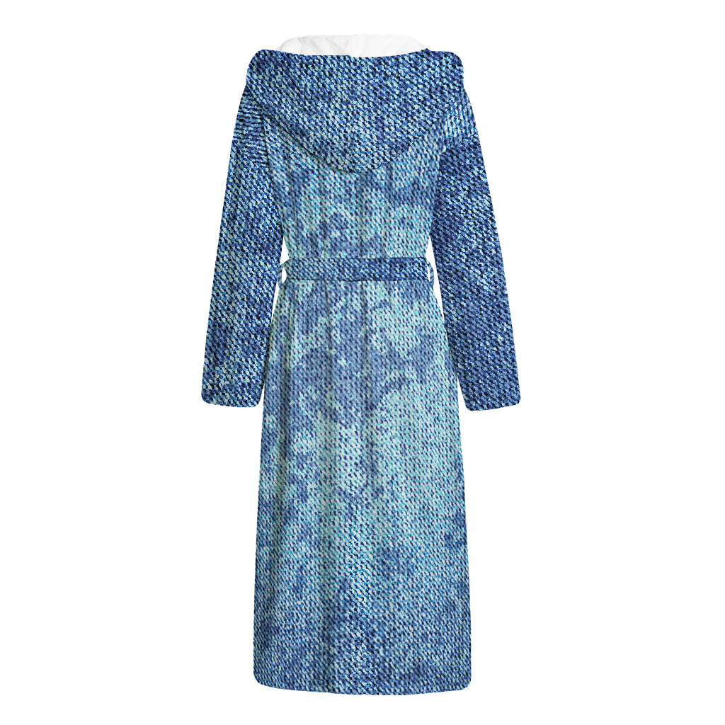 Acid Wash Denim Jeans Pattern Print Hooded Bathrobe