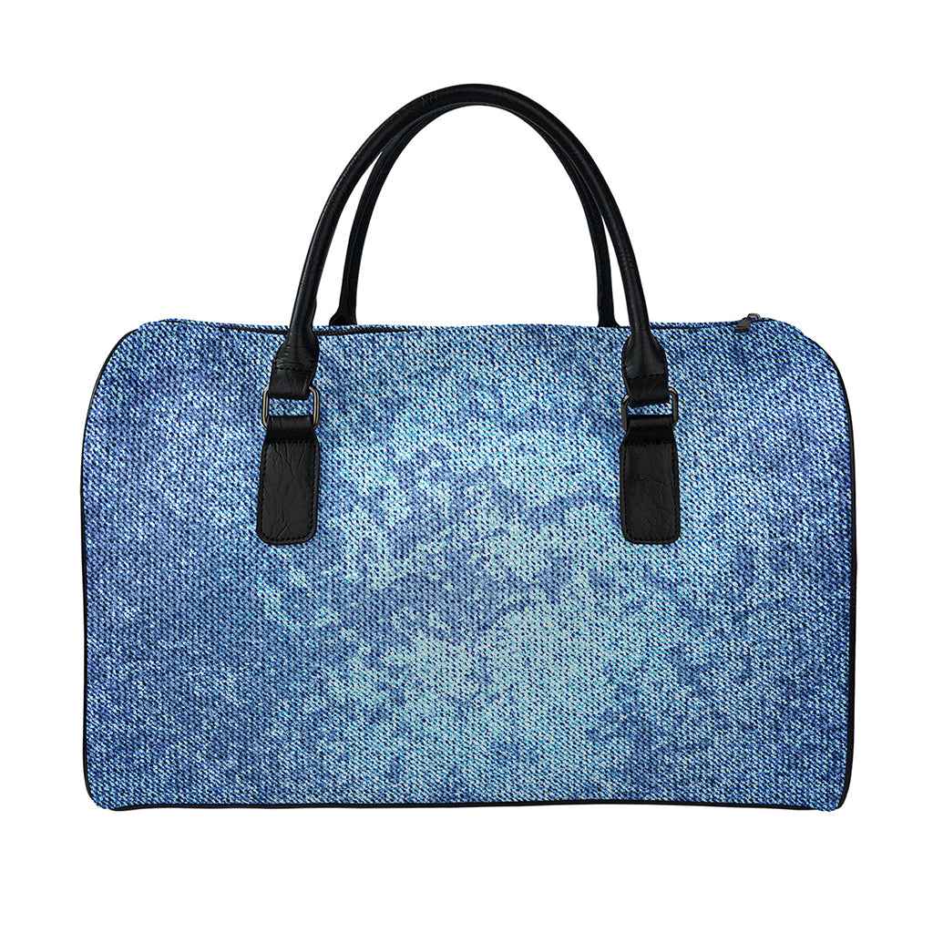 Acid Wash Denim Jeans Pattern Print Leather Duffle Bag