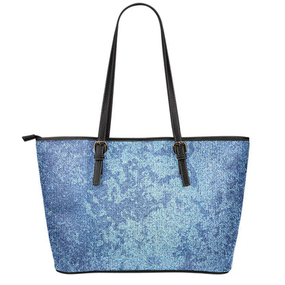 Acid Wash Denim Jeans Pattern Print Leather Tote Bag