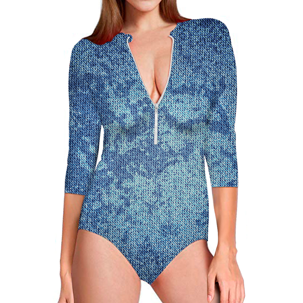 Acid Wash Denim Jeans Pattern Print Long Sleeve Swimsuit