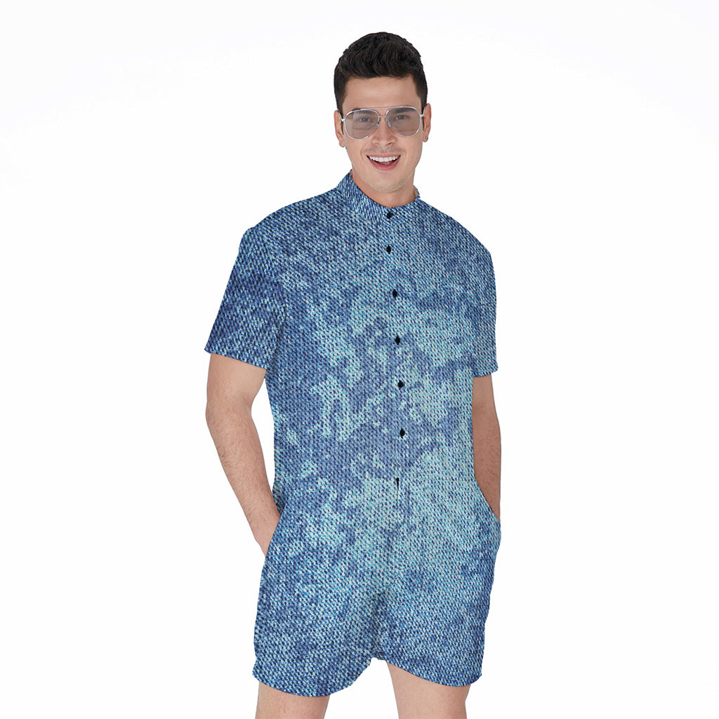 Acid Wash Denim Jeans Pattern Print Men's Rompers