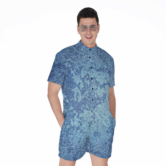 Acid Wash Denim Jeans Pattern Print Men's Rompers
