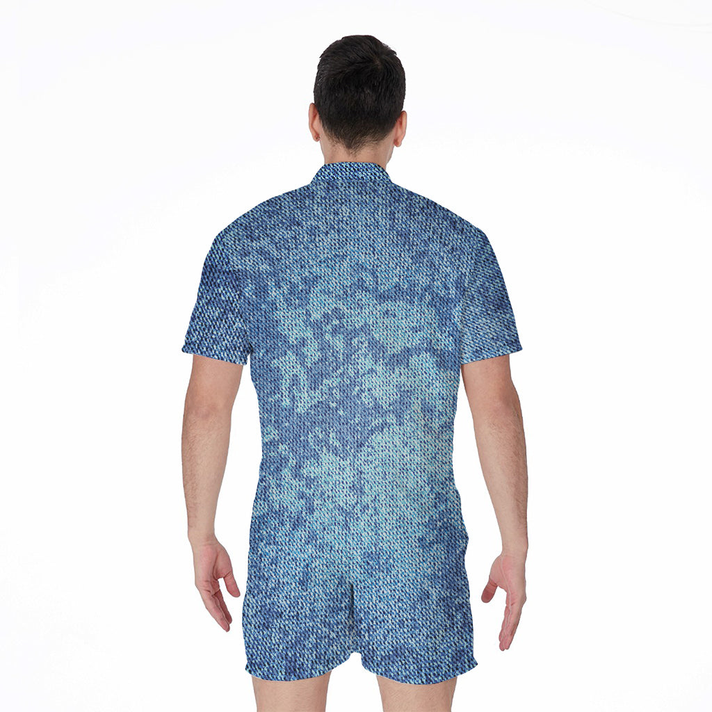 Acid Wash Denim Jeans Pattern Print Men's Rompers