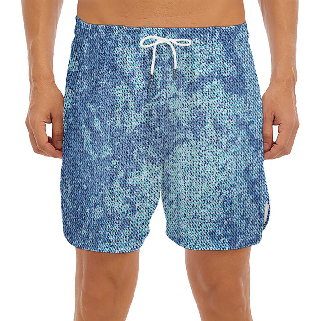 Acid Wash Denim Jeans Pattern Print Men's Split Running Shorts